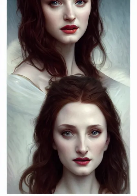 Image similar to sansa angeline jolie gessica chastain vampire teeth white skin, intricate, elegant, highly detailed, digital painting, artstation, concept art, smooth, sharp focus, illustration, art by artgerm and greg rutkowski and alphonse mucha and william - adolphe bouguereau