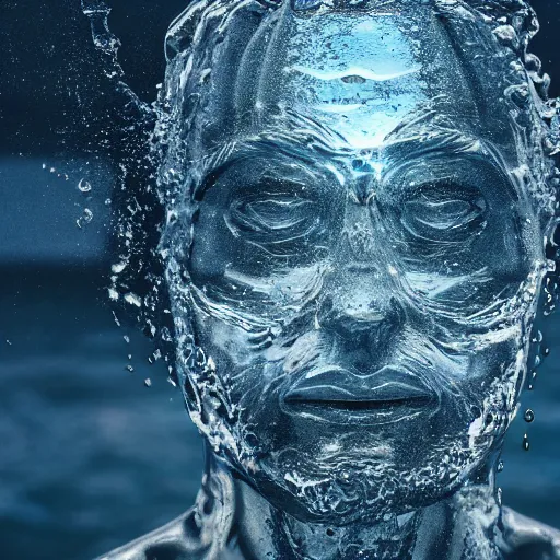 Image similar to water forming a shape of a human head, giant sculpture on the ocean water, water manipulation art, ray tracing, realistic water sharp focus, long shot, 8 k resolution, cinematic