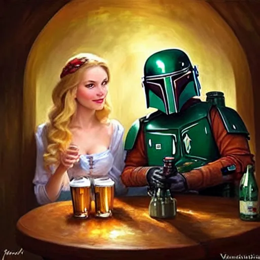 Image similar to Boba Fett and a beautiful young blonde drinking beer in a wine cellar, food, meat, schnapps, torches on the wall, romantic, inviting, cozy, painting by Vladimir Volegov