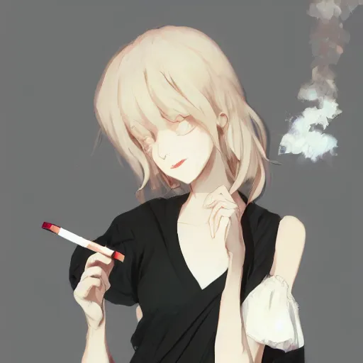 Image similar to woman in a dress smoking a cigarette by krenz cushart, wlop, dark room, white smoke, chromatic aberration, white smoke, trending on ArtStation Pixiv