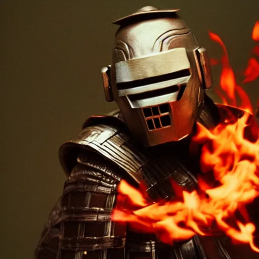 Image similar to cinematic film still MF Doom starring as a Samurai holding fire, Japanese CGI, VFX, 2003, 40mm lens, shallow depth of field,film photography