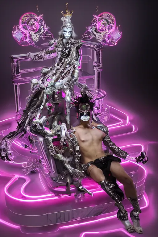 Prompt: full-body rococo and cyberpunk style neon statue of a young attractive portugues macho dotado android reclining sim roupa con piroca, glowing white laser eyes, prince crown of pink gears, diamonds, swirling silver-colored silk fabric. futuristic elements. full-length view. space robots. human skulls. intricate artwork by caravaggio. Trending on artstation, octane render, cinematic lighting from the right, hyper realism, octane render, 8k, depth of field, 3D