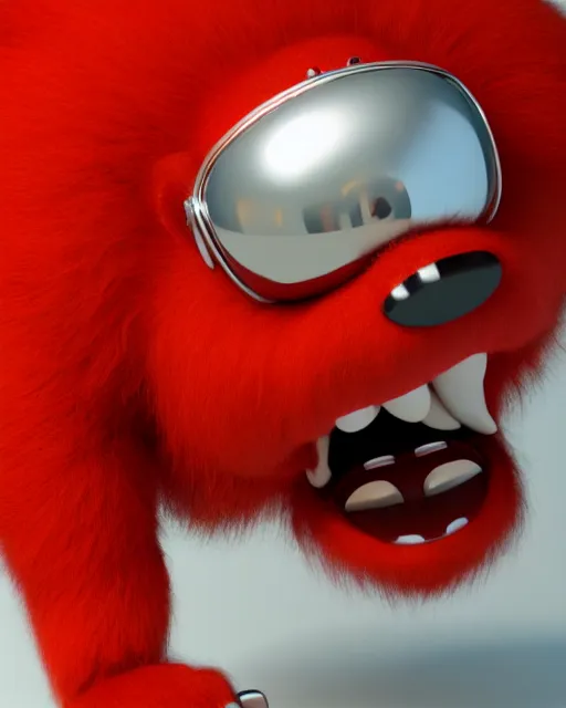 Image similar to 3 d render of completely red hairy friendly antropomorphic creature wearing chrome shades, no nose, small smile, full body, standing on 2 feet, in the style of pixar, white background, unreal engine 5, octane render, highly detailed hdr