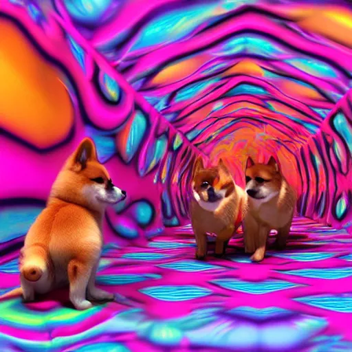 Image similar to two shiba inu in the psychedelic dmt fourth dimensional tunnel, octane 3 d render