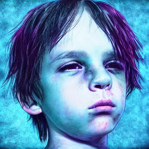 Image similar to portrait of sad kid. glitchcore