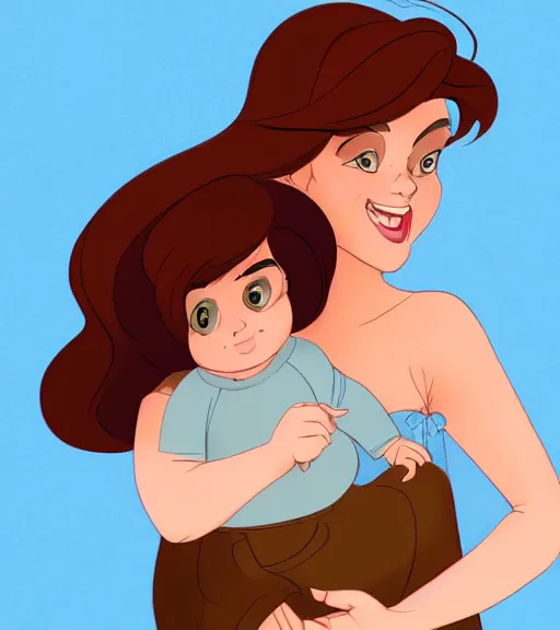 Image similar to a mother with short shoulder length dark auburn hair, short and curvy and a slightly chubby face holding her infant son with short brown hair full color digital illustration in the style of don bluth, artgerm, artstation trending, 4 k