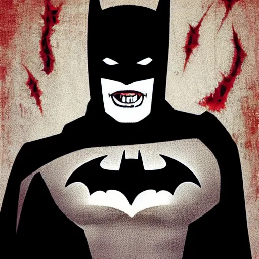 Image similar to batman, smiling, unnatural grin, horror, creepy, smoke, black, dark, glow