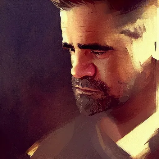 Image similar to “Portrait of Colin Farrell by Greg Rutkowski, young, attractive, highly detailed portrait, scifi, digital painting, artstation, concept art, smooth, sharp foccus ilustration, Artstation HQ”