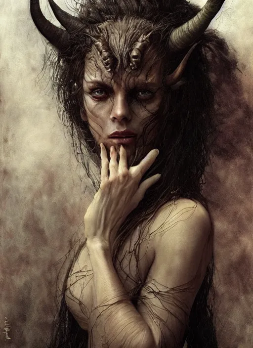 Image similar to half demon half human intricate skin hairy costume, elegant, peaceful, full body, horns, hyper realistic, extremely detailed, dnd character art portrait, fantasy art, intricate fantasy painting, dramatic lighting, vivid colors, deviant art, artstation, by edgar maxence and caravaggio and michael whelan and delacroix.