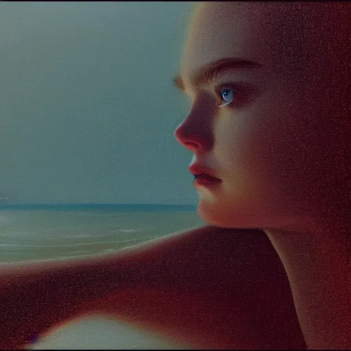 Image similar to silhouette of a Elle Fanning gazing at the stormy ocean, extremely detailed masterpiece, oil on canvas, low-key neon lighting, Blade Runner 2049, Roger Deakin’s cinematography, artstation, by J. C. Leyendecker and Peter Paul Rubens,