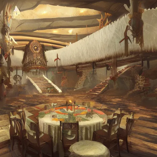 Image similar to interior of the banquet hall in the tribal cloud village, fantasy concept art, 4k