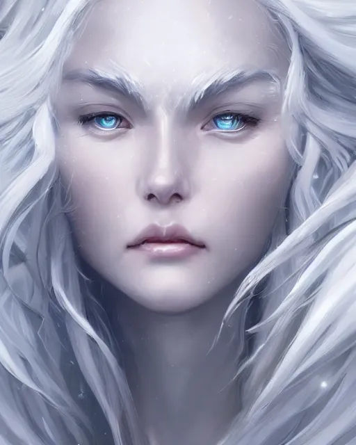 Image similar to portrait of a beautiful fierce snow and storm goddess, flowy white grey hair, grey eyes, cinematic lighting, highly detailed, digital painting, trending on artstation, pixiv, concept art, sharp focus, illustration, art by ross tran and wlop