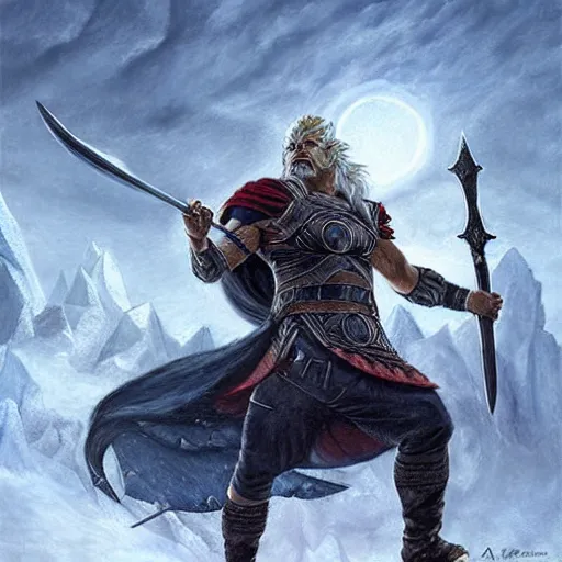 Image similar to The asgardian one-eyed god Odin using a spear to fight the gray wolf Giant Wolf Fenrir in Ragnarök, majestic, high-detail, realism, painting by Andreas_Rocha,