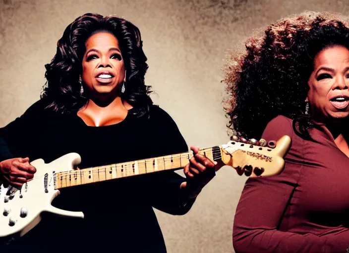 Prompt: publicity photo still of oprah winfrey shredding guitar with every time i die live on stage, 8 k, live concert lighting, mid shot