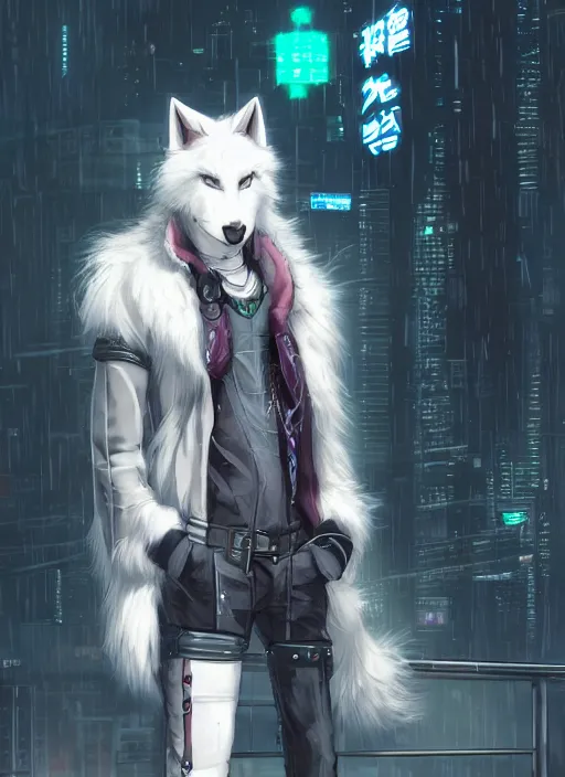 Image similar to character portrait of a male anthro white wolf fursona with a tail and a cute beautiful attractive furry face wearing stylish cyberpunk clothes in a cyberpunk city at night while it rains. hidari, color page, tankoban, 4K, tone mapping, Akihiko Yoshida.