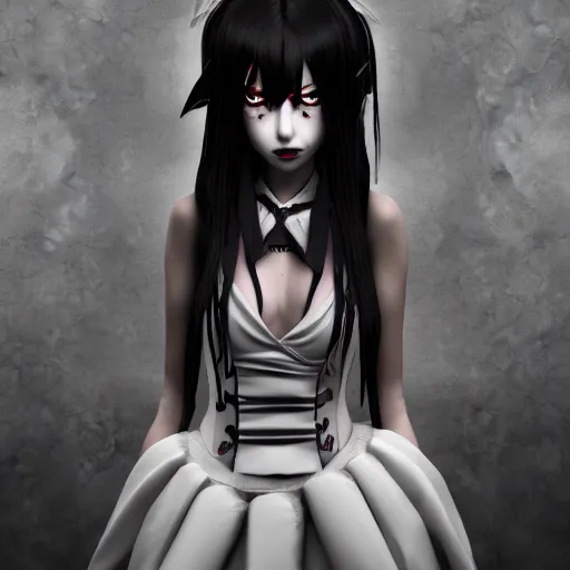 Image similar to full shot portrait of angry darkness anime girl at moonlight, gothic wearing, worrying eyes, inspired by Tim Burton, detailed, unreal engine 4k volumetric light, fog,