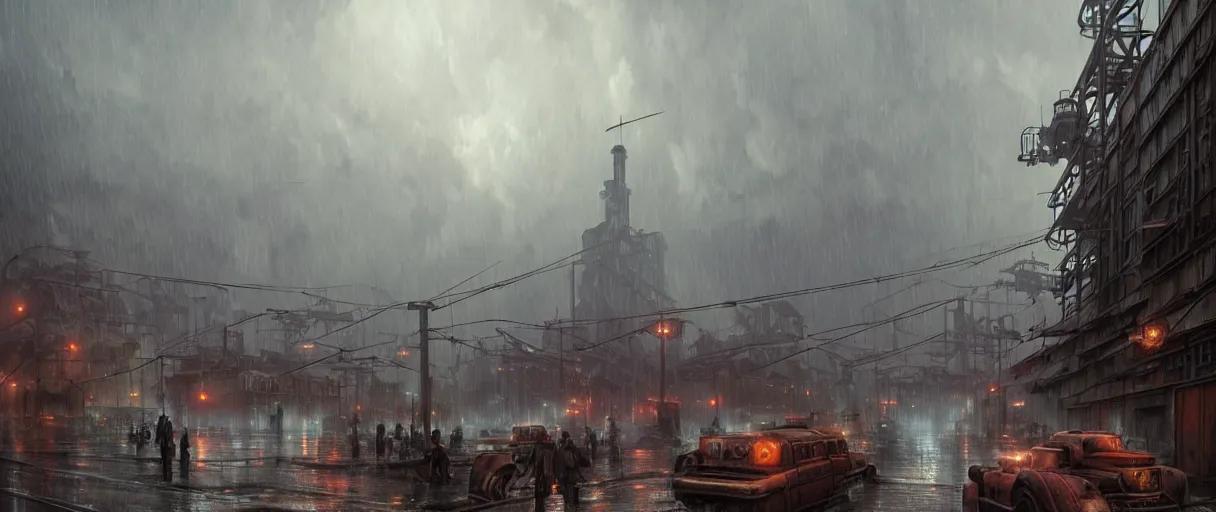 Image similar to a highly detailed matte painting of a soviet steampunk industrial zone in lightning storm and heavy rain by studio ghibli, makoto shinkai, by artgerm, by wlop, by greg rutkowski, volumetric lighting, octane render, 4 k resolution, trending on artstation, masterpiece