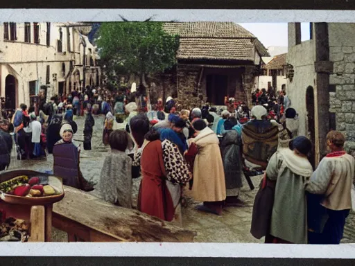 Prompt: a color 3 5 mm photograph of a crowd of villagers milling around in a medieval town square