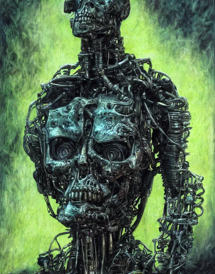 Prompt: Terminator covered in moss, photorealistic, masterpiece, perfect composition, hyperrealistic beautiful face, spectacular quality, intricate oil pastel glow, dynamic lighting, photorealistic, fantasy concept art, ambient lighting, atmospheric, stunning visuals, creative, cinematic, ultra detailed, trending on art station