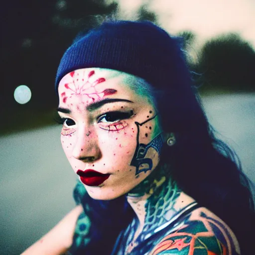 Image similar to beautiful young woman with gutterpunk pen ink face tattoos stares at the camera, night sky, stars in background, bruce gilden, leica s, fuji 8 0 0, grainy, low light