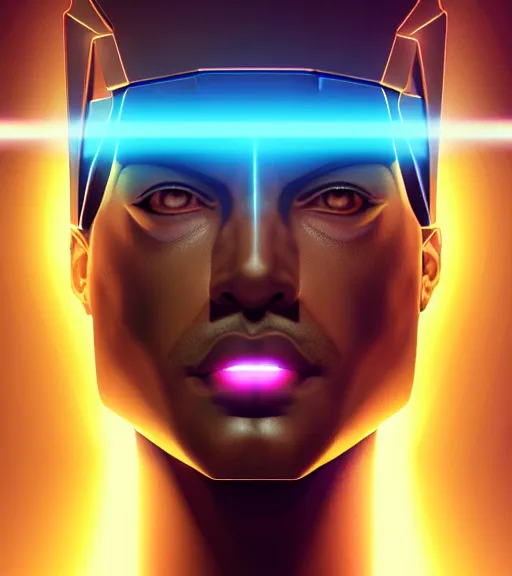 Image similar to symmetry!! egyptian god of technology, solid cube of light, hard edges, product render retro - futuristic poster scifi, lasers and neon circuits, brown skin handsome egyptian god, intricate, elegant, highly detailed, digital painting, artstation, concept art, smooth, sharp focus, illustration, dreamlike, art by artgerm