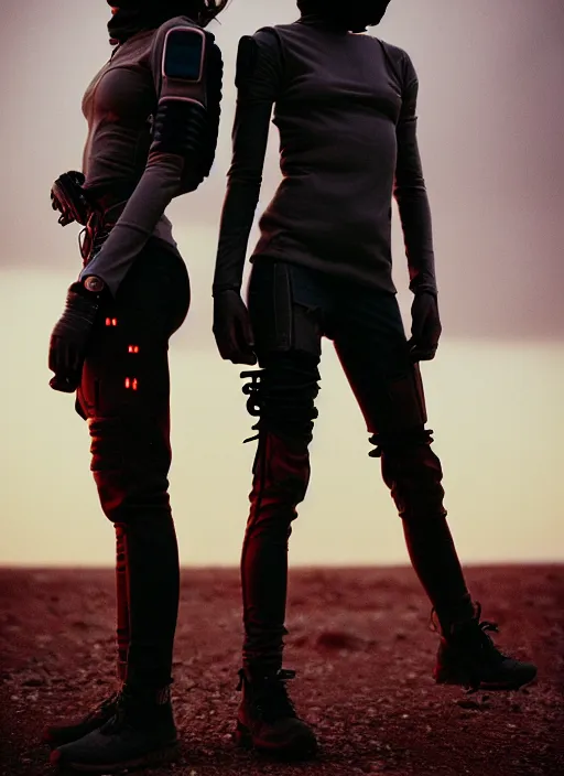 Image similar to cinestill 5 0 d photographic portrait of two loving female androids wearing rugged black techwear on a desolate plain with a red sky, extreme closeup, cyberpunk style, garters, body suits, dust storm, 8 k, hd, high resolution, 3 5 mm, f / 3 2, ultra realistic faces, ex machina