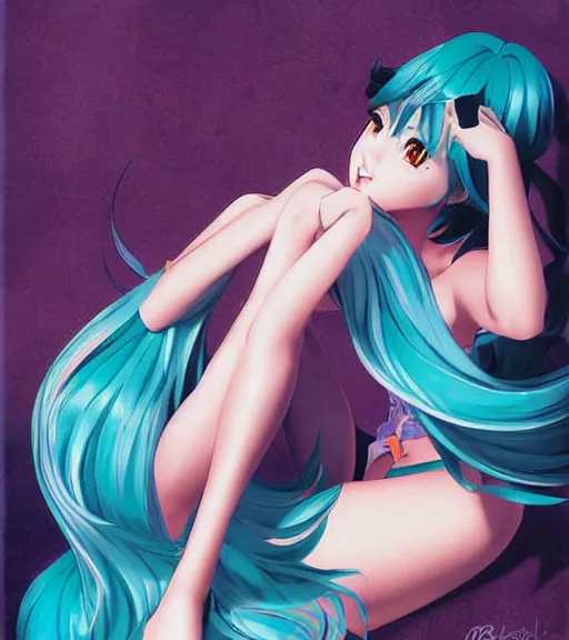 Prompt: Anime art of beautiful Hatsune miku with beautifel legs by rossdraws, magali villeneuve, Gil Elvgren, Alberto Vargas, Earl Moran, Art Frahm, Enoch Bolles