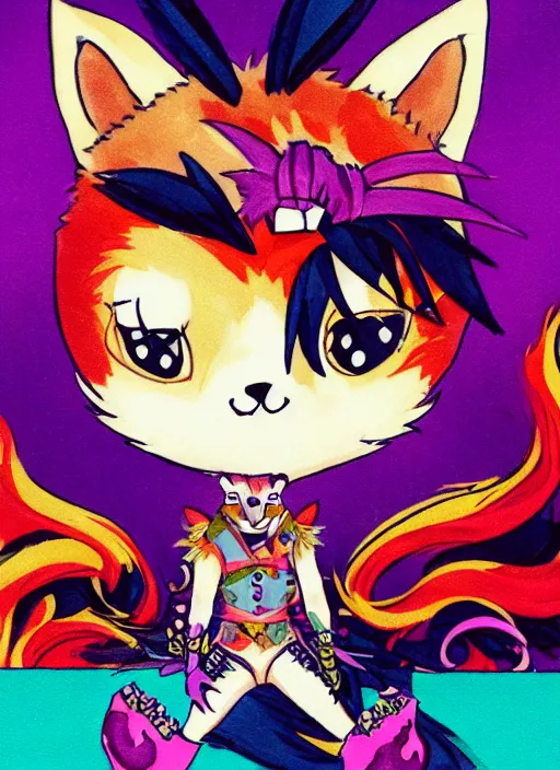Prompt: A vintage painted illustration of an adorable chibi rogue fox anime guy in the style of Lisa Frank Babs Tarr Hantine Hsu sitting in a couture leather and spike vest that has skulls on it