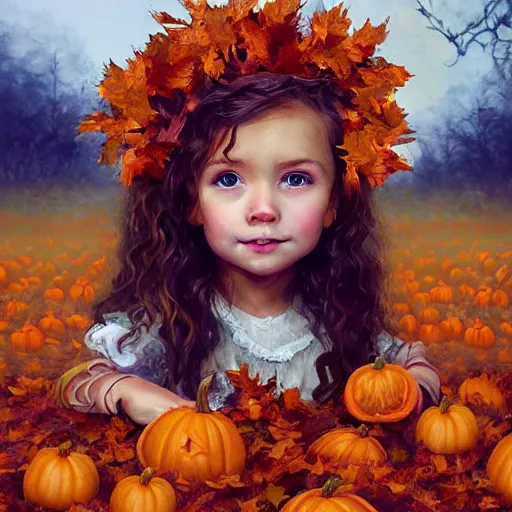 Image similar to a cute little girl with light brown wavy curly hair and blue eyes sitting amidst piles of pumpkins. beautiful cute highly detailed face. she is wearing a crown of autumn leaves. autumn and fall and halloween themed painting by artgerm and greg rutkowski and magali villanueve.