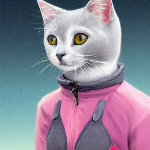 Image similar to head and shoulders masterpiece portrait of a cute adorable gray cat wearing a pink spacesuit, surreal background, digital art by krenz cushart, trending on artstation, cgsociety,