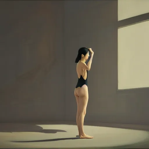 Image similar to perfect, realistic oil painting of japanese woman in racing one-piece swimsuit, in sci-fi dystopian empty room, by an American professional senior artist, Hollywood concept, dynamic composition and motion, postproduction.