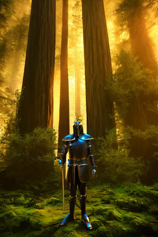 Prompt: The Green Knight standing in a redwood forest near a river at sunset, anatomically correct, hyperrealistic, concept art, octane render, unreal engine 5, trending on Artstation, high quality, 8K, highly detailed, symmetrical, five fingers, path tracing, soft lighting