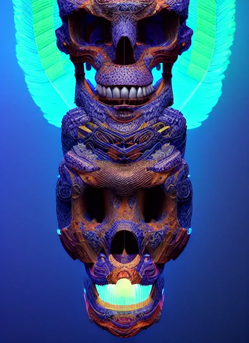 Image similar to 3 d totem portrait, sigma 5 0 0 mm f / 5. beautiful intricate highly detailed quetzalcoatl skull and feathers. bioluminescent, plasma, lava, ice, water, wind, creature, thunderstorm! artwork by tooth wu and wlop and beeple and greg rutkowski, 8 k trending on artstation,