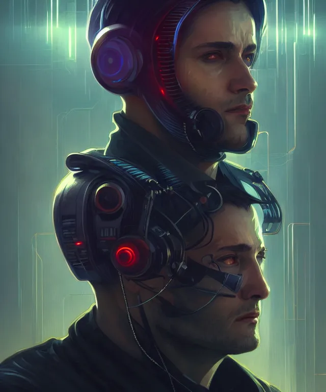 Image similar to Hacker cyberpunk man portrait, highly detailed, digital painting, artstation, concept art, smooth, sharp focus, illustration, art by artgerm and greg rutkowski and alphonse mucha