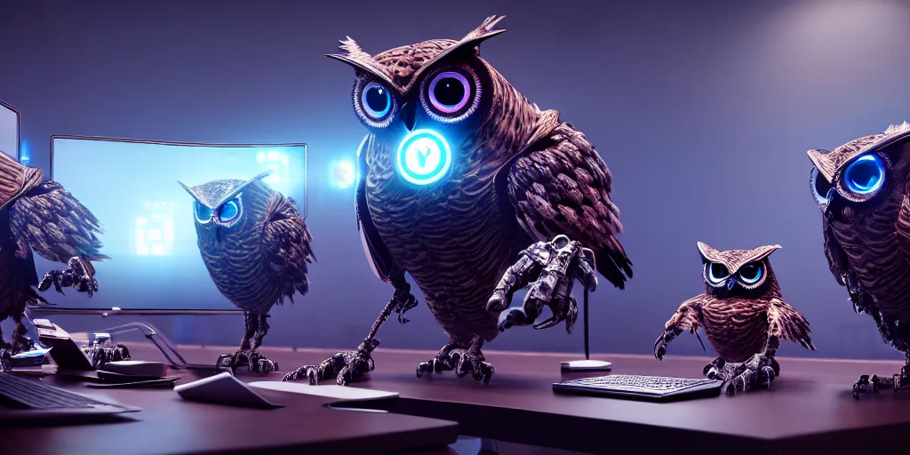 Image similar to an giant evil, malevolent, cyborg owls looking at a computer, surrounded by computer screens. this 4 k hd image is trending on artstation, featured on behance, well - rendered, extra crisp, features intricate detail and the style of unreal engine. volumetric lighting octane render