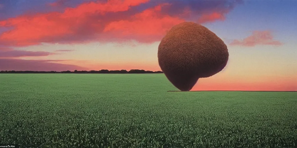 Prompt: hipgnosis storm thorgerson artwork a giant ear floating above a field in england at sunrise