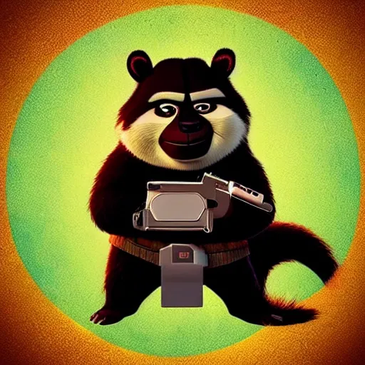 Prompt: “ portrait of a racoon in the style of kung fu panda holding laser gun, with a black background, digital art, award winning, trending on art station, retro style ”