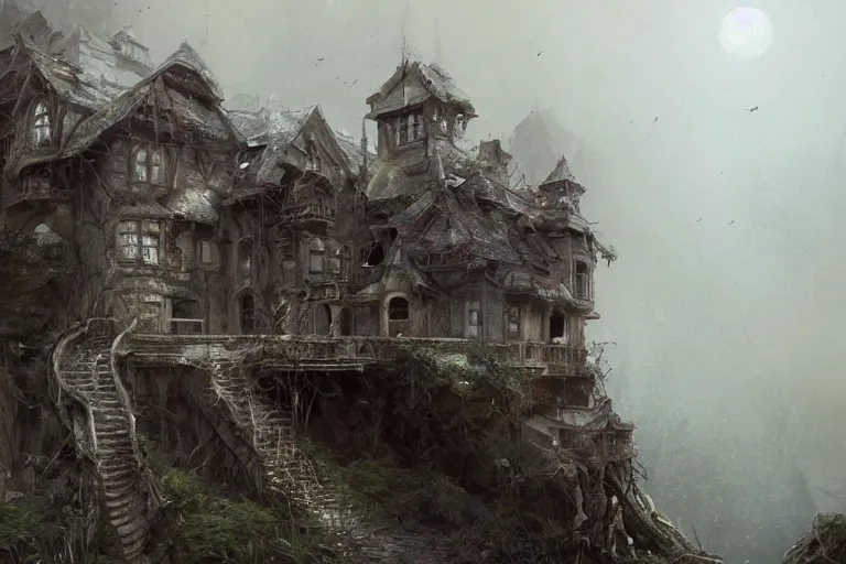 Image similar to unkind haunted house that hasn't been maintained properly sitting atop a narrow cliff on a bouncy hillside made of flesh and carrion remains, overlooking a grim ocean, digital painting by greg rutkowski and gaston bussiere, trending on artstation, cgsociety contest winner, zbrush, intricately defined, comprehensive art, 4 k