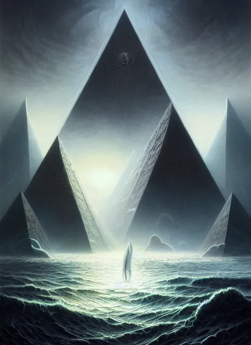 Prompt: a black pyramid emerging from ocean, a scenic dystopian environment, lovecraftian, intricate, elegant, highly detailed, centered, digital painting, artstation, concept art, smooth, sharp focus, illustration, artgerm, tomasz alen kopera, peter mohrbacher, donato giancola, joseph christian leyendecker, wlop, boris vallejo