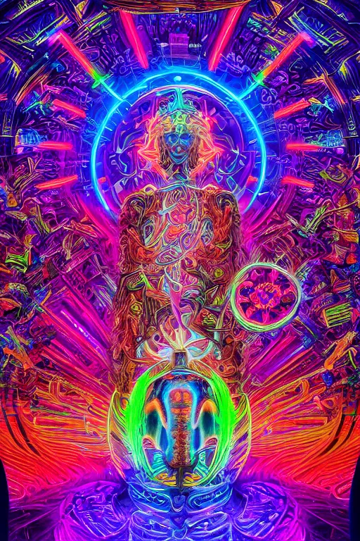 Prompt: a detailed digital neon illustration of the burningman effigit in the style of Alex Grey, lisa frank, beeple, dan mumford. maya render, trending on artstation, greg rutkowski very coherent symmetrical artwork, psychedelic, fantasy, 8k, ornate, intricate, symmetry, cinematic, hyper realism, high detail, octane render, 8k, iridescent accents