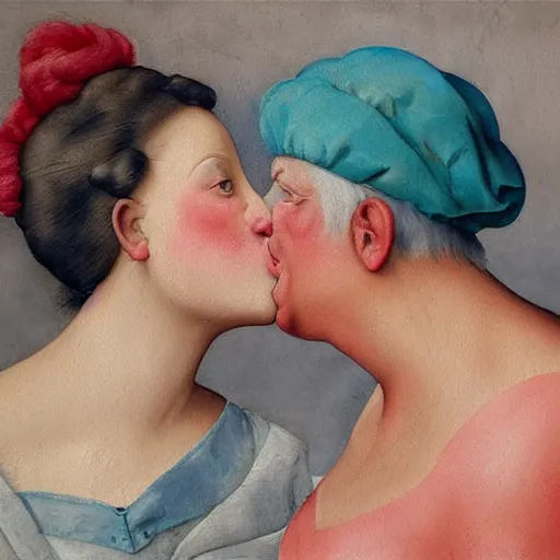 Image similar to a very funny stylize oil painting in renaissance style of a sweet fat old woman kissing her reflection. symmetry face, red mouth, blue eyes. flowery dress. hyper realistic scene. 3 d, octane render, deep focus, white scene. very funny and sweet image. unreal engine. watercolor. fellini style. klee style.