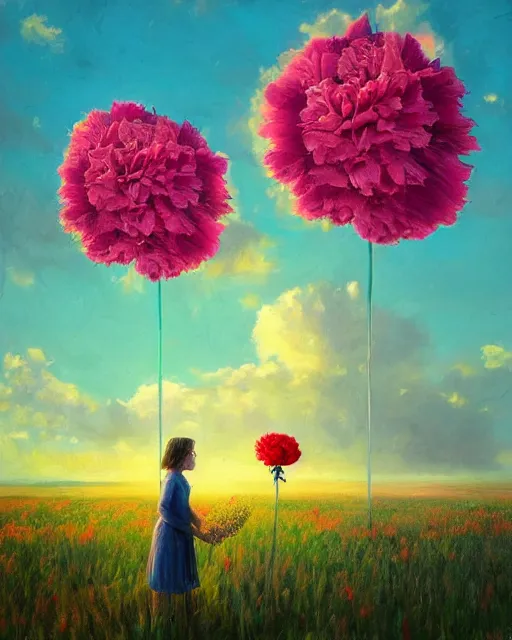 Image similar to girl with a giant carnation as face, surreal photography, flower field, sunset dramatic light, impressionist painting, colorful clouds, blue sky, digital painting, artstation, simon stalenhag