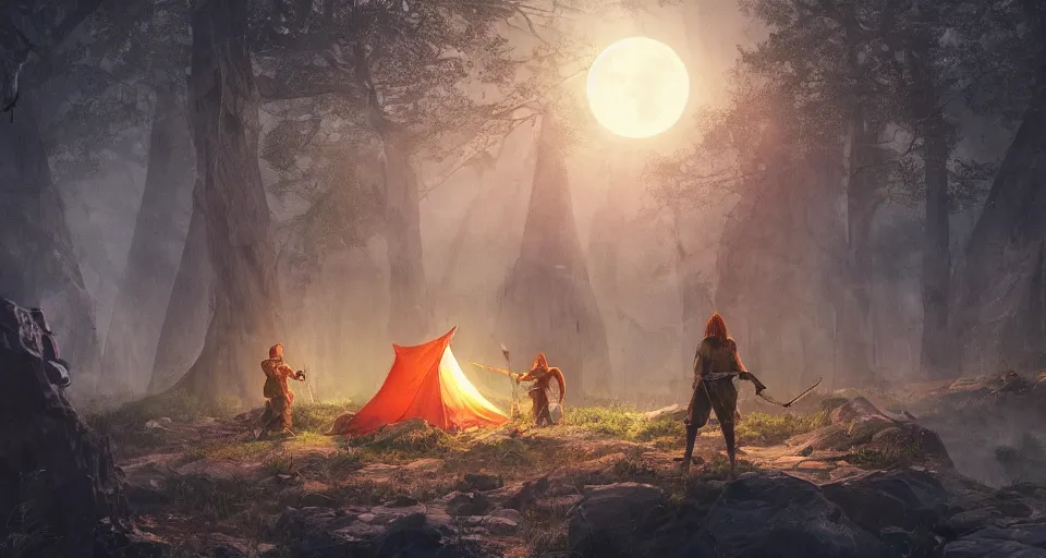 Prompt: an epic fantasy adventurer's camp with a hide tent at night with a full moon, a single adventurer with red hair playing an instument, 4 k, extremely detailed. award winning, trending on artstation, 8 k, ultra wide angle