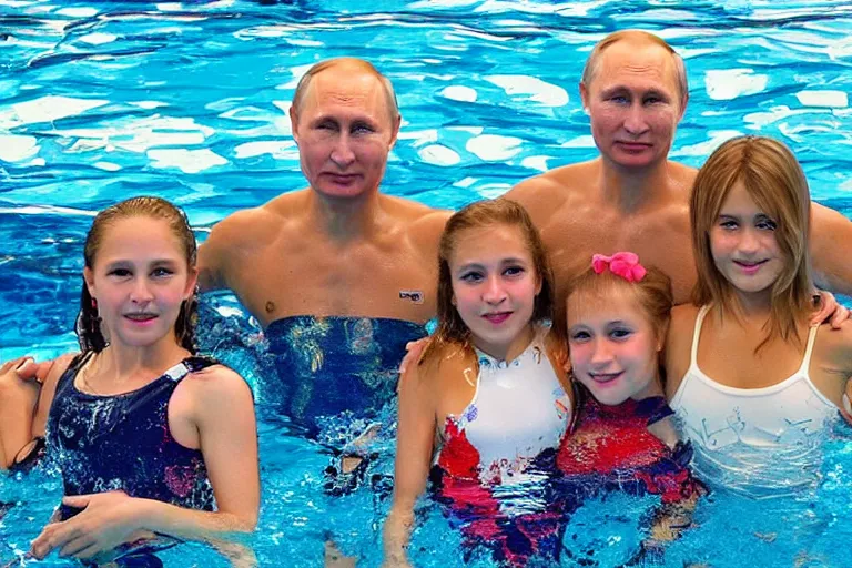 Image similar to Putin and girls at aquatic disco, hyper realistic photo, highly detailed