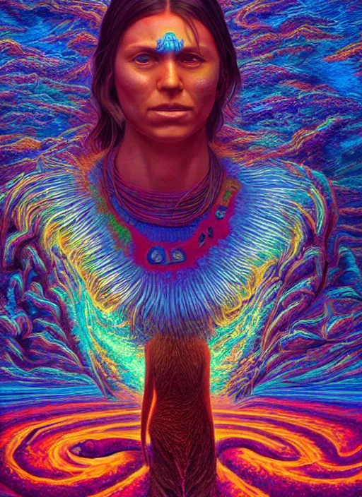 Image similar to portrait ultra dimensional indigenous native, accidentally tripping on dmt and acid, psychedelic experience, overwhelming psychosis of self realization and burning awakening, ultra high definition, unreal engine 5, hyperrealism, masterpiece composition, by casey weldon, barclay shaw