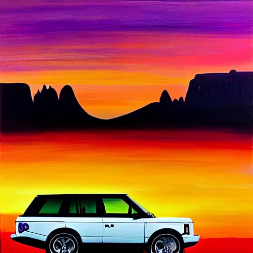 Image similar to a range rover in the desert with mountains in the back during a beautiful sunset in the style of Salvador Dalí, oil on canvas