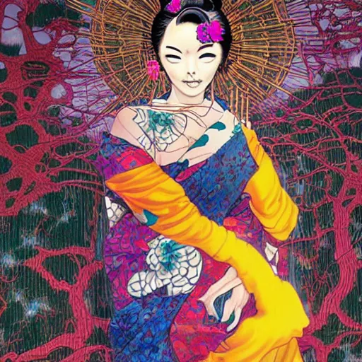 Image similar to colorful illustration of geisha, by hajime sorayama and james jean and junji ito