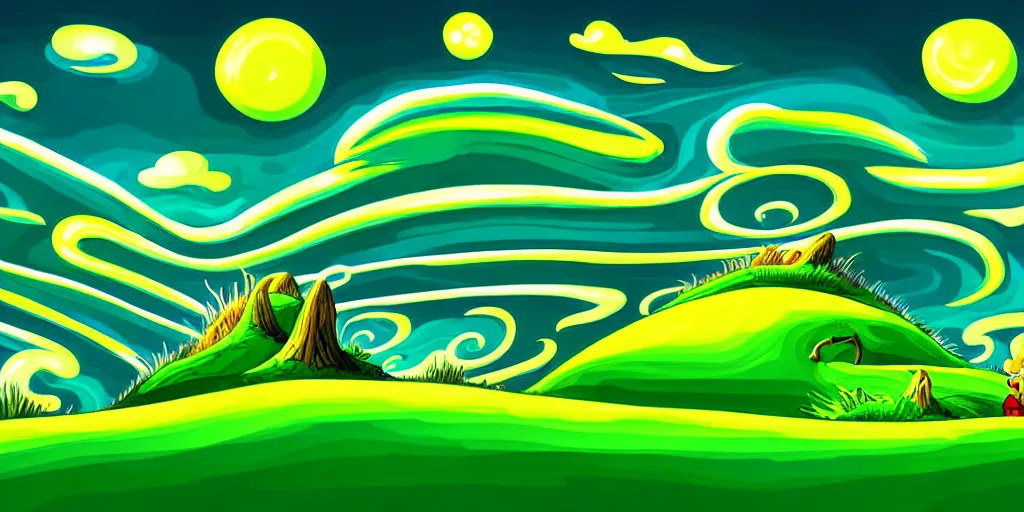 Prompt: night cartoon cartoon concept art, grass mountain landscape, from sam and max, spiral clouds, spiral lines, medium filter