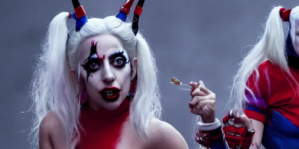 Image similar to movie still of lady gaga as harley quinn great lighting 4k quality