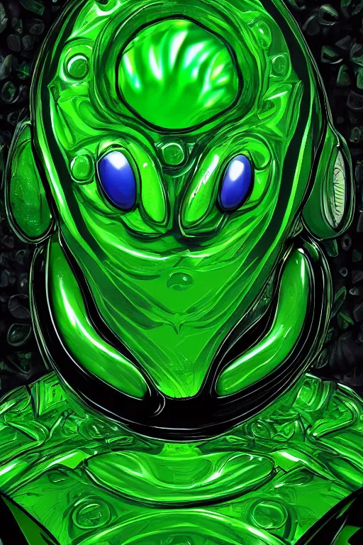 Image similar to green alien made of jello, symmetrical, highly detailed, digital art, sharp focus, trending on art station, anime art style